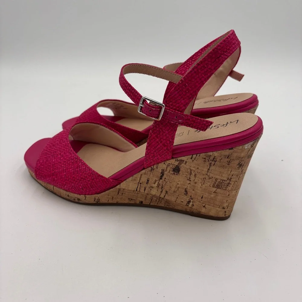LifeStride Wedge Sandals Womens 8.5 Magenta Pink Woven Cork Heel Strappy